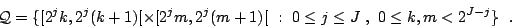 \begin{displaymath}
{\cal Q} = \{ [2^jk, 2^j(k+1)[ \times [2^j m, 2^j (m+1)[ : 0
\le j \le J , 0 \le k,m < 2^{J-j} \}  . \end{displaymath}